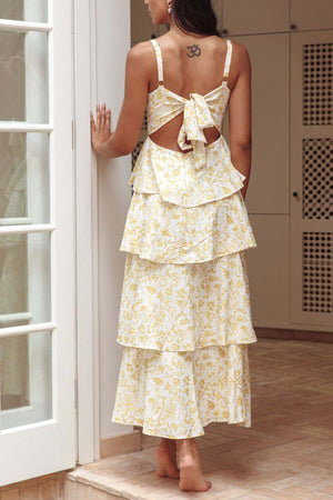 Arolora Floral Print Tie-up Tiered Midi Dress