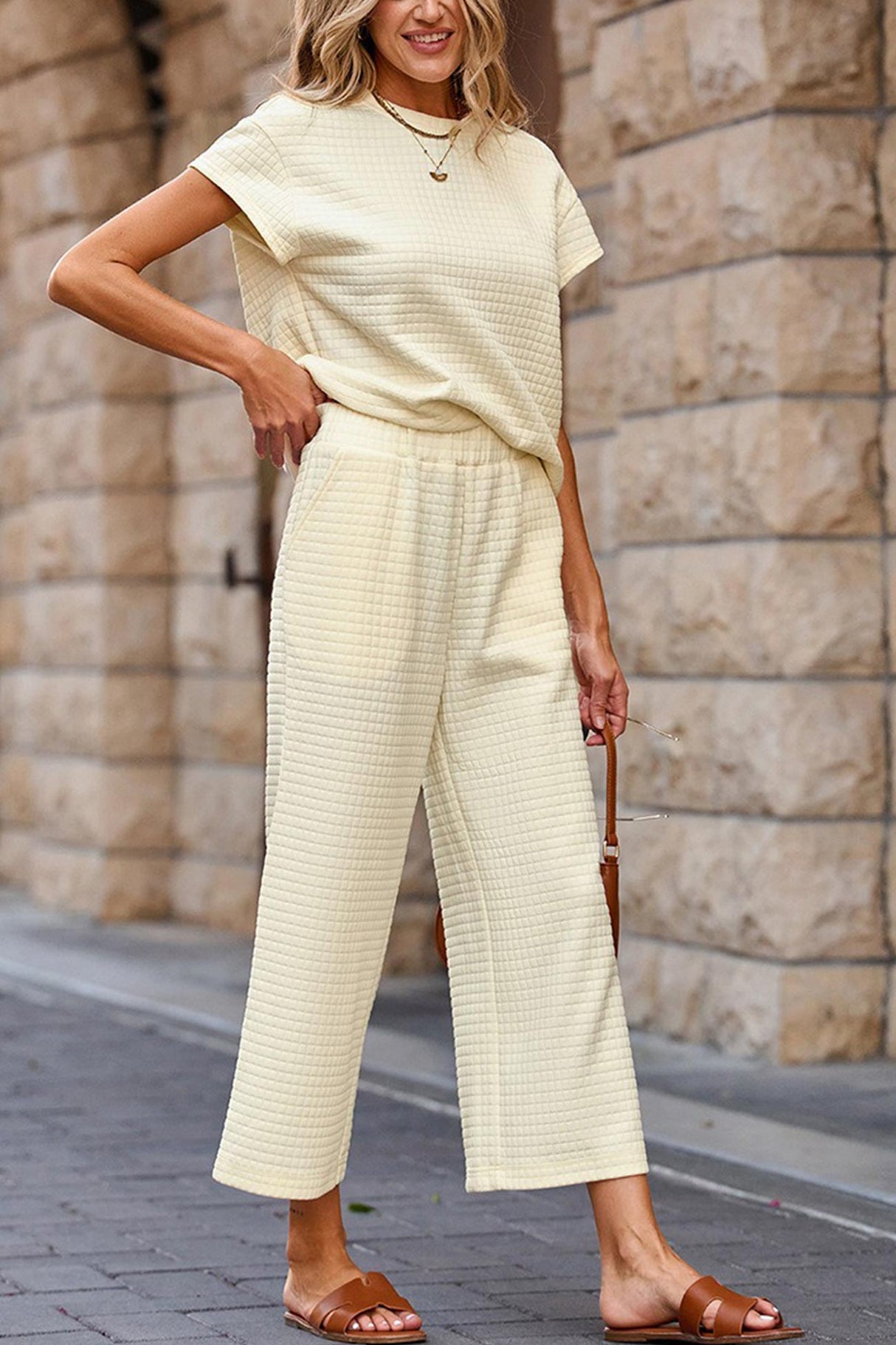 Solid Color Lattice Texture T-shirt Pants Set