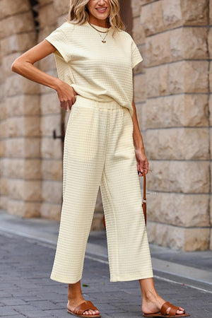 Solid Color Lattice Texture T-shirt Pants Set