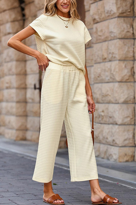 Solid Color Lattice Texture T-shirt Pants Set