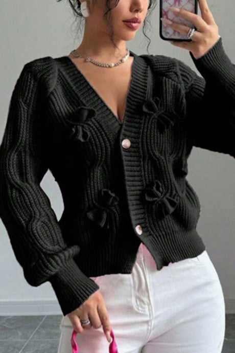 Bow Lantern Sleeve Button-down Cardigan