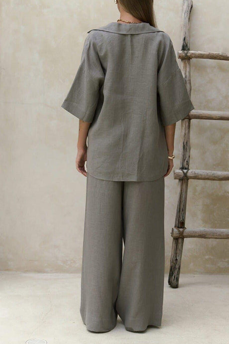 Arolora Solid Color Cotton Half Sleeve Blouse Pants Set