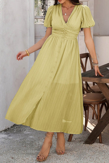 Arolora Puff Sleeve Single Breasted Slit Dress