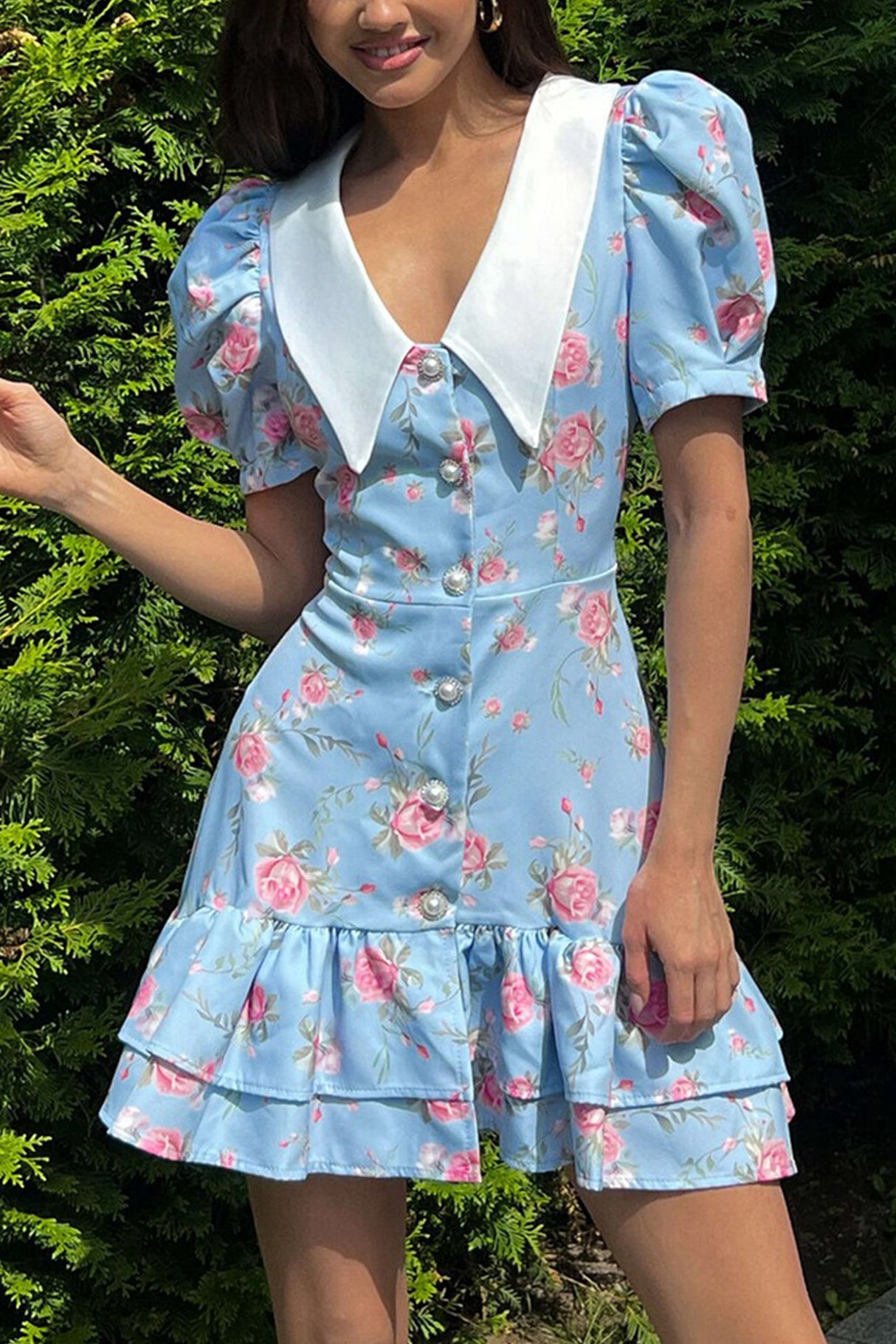 Arolora V-Neck Puff Sleeve A-line Ruffle Mini Dress