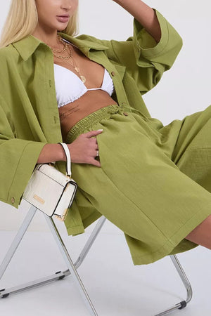Solid Color Shirt Single-breasted Bermuda Shorts Set