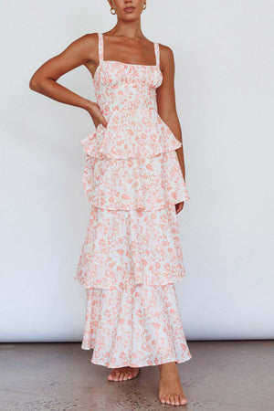 Arolora Floral Print Tie-up Tiered Midi Dress