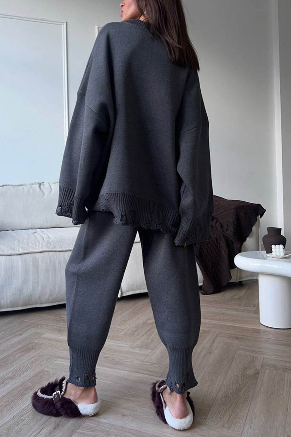 Raw Edge Crew Neck Sweater Set