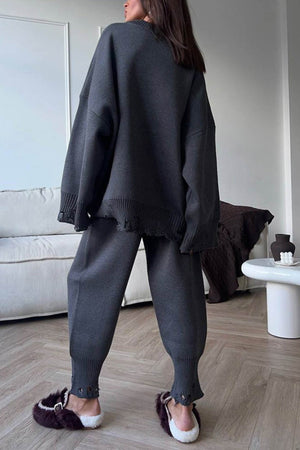 Raw Edge Crew Neck Sweater Set