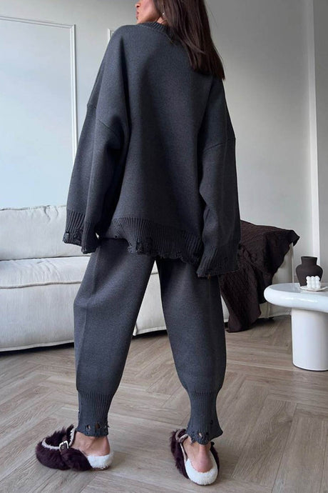 Raw Edge Crew Neck Sweater Set