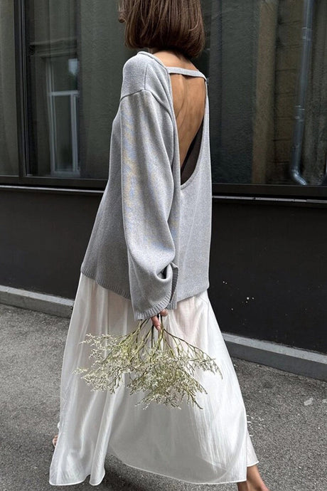 Crew Neck Backless Cotton Sweater
