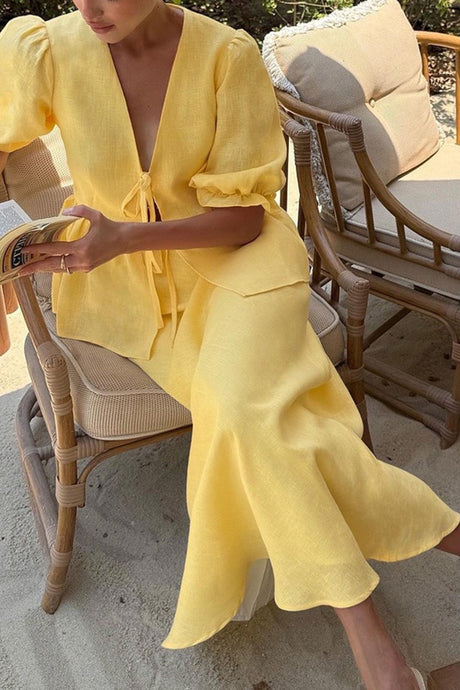 Puff Sleeve Tie-up Ruffle Cotton Shirt Skirt Set