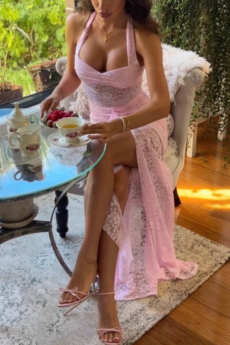 Halterneck Lace Patchwork Ruched Dress