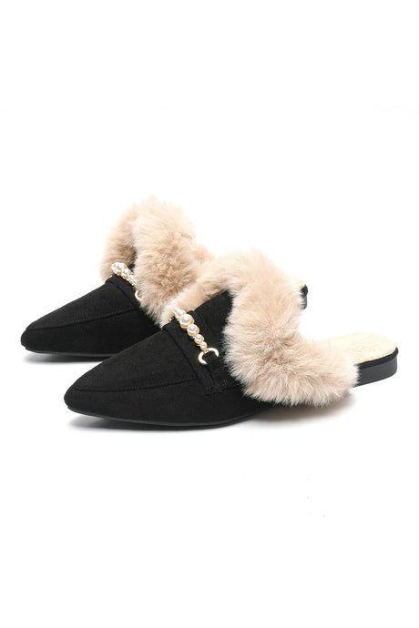 Pearl Plush Pointed-Toe Loafer Mules