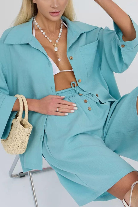 Solid Color Shirt Single-breasted Bermuda Shorts Set