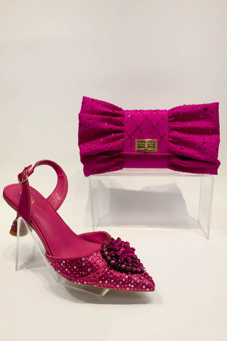 Pointed Rhinestone High Heels With Bow Hand Bag
