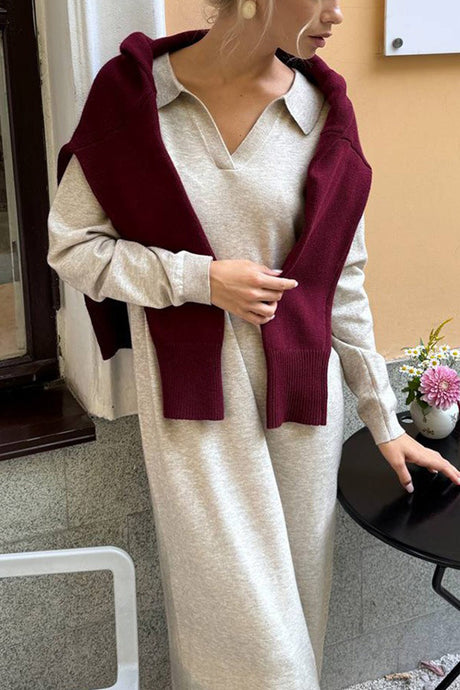 Lapel Long Sleeve Loose Knit Dress