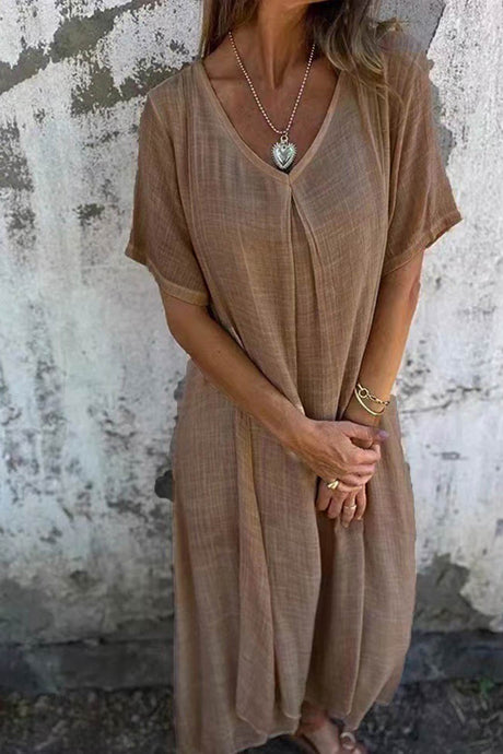 Cotton Solid V Neck Midi Dress