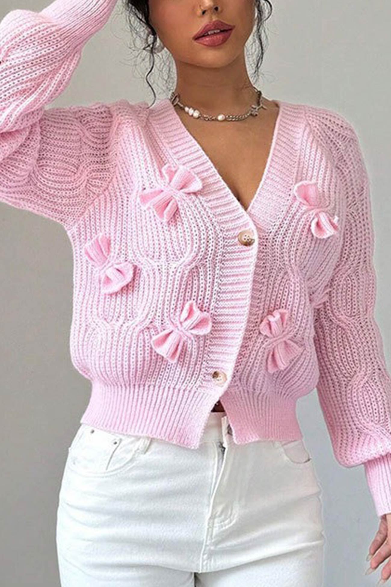 Bow Lantern Sleeve Button-down Cardigan – AROLORA