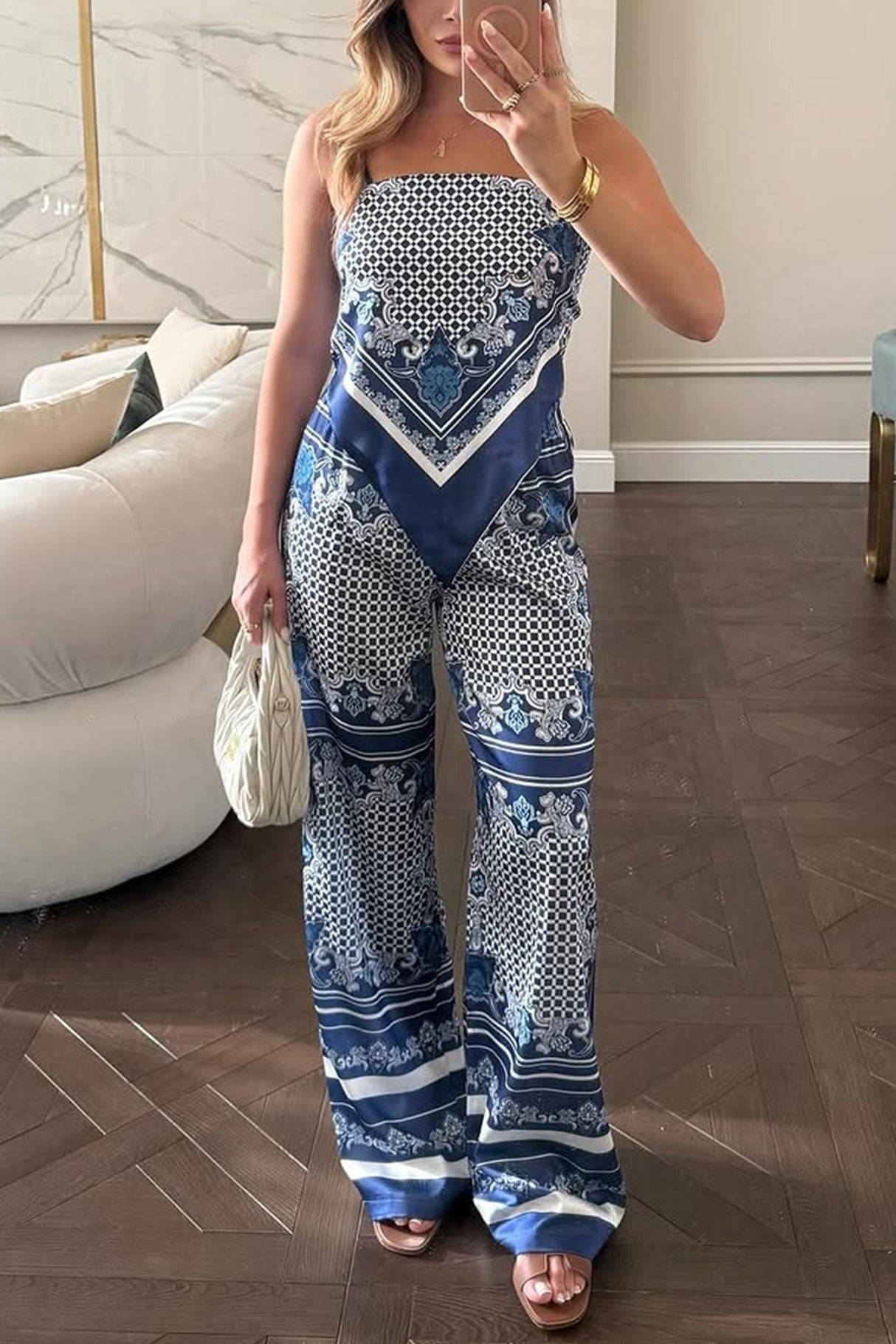 Printed Tie-back Cami Long Pants Set