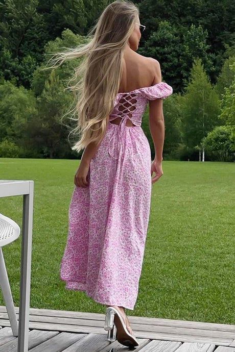 Floral Puff Sleeve Tie-back Slit Dress