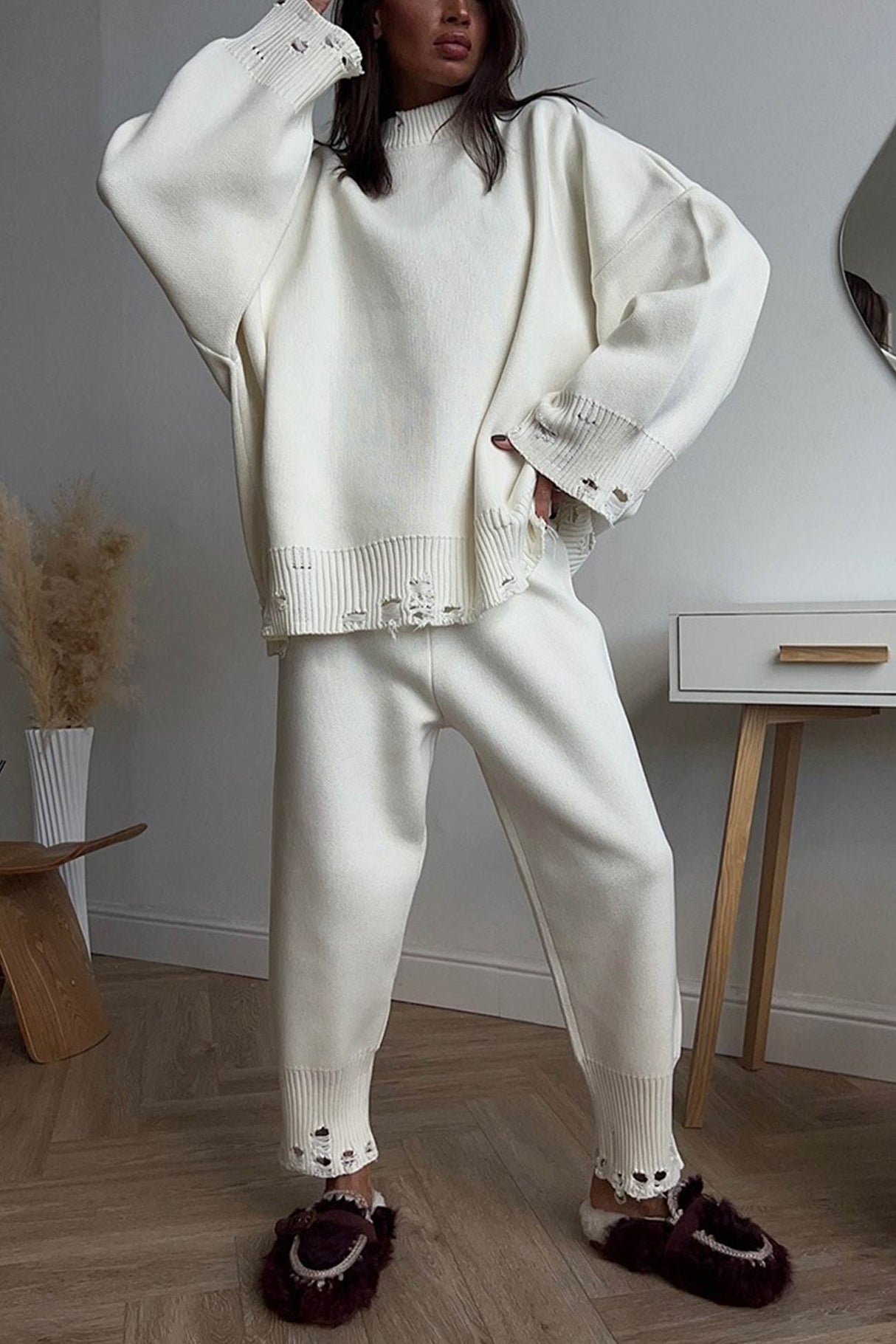 Raw Edge Crew Neck Sweater Set
