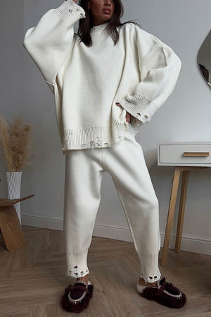 Raw Edge Crew Neck Sweater Set