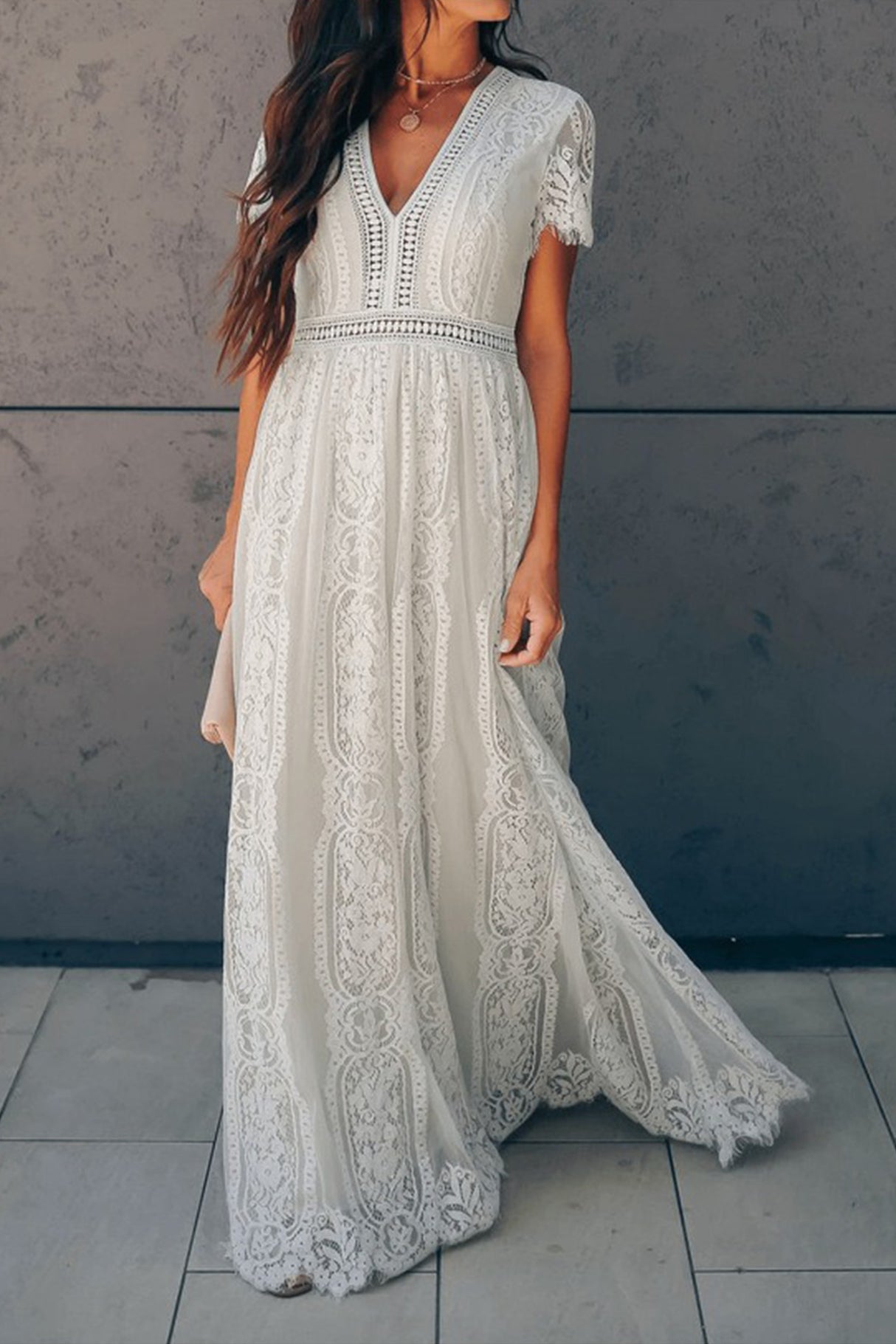 V Neck Lace Embroidery Maxi Dress