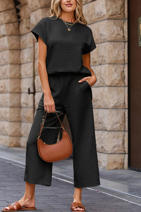 Solid Color Lattice Texture T-shirt Pants Set