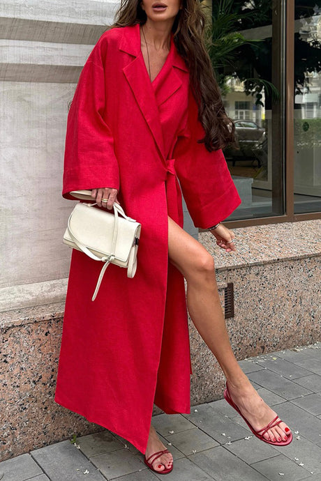 Lapel Tie-up Cotton Linen Dress