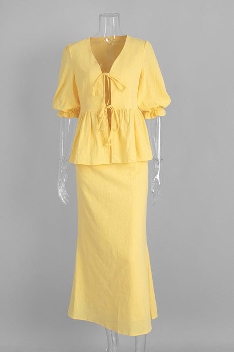 Puff Sleeve Tie-up Ruffle Cotton Shirt Skirt Set