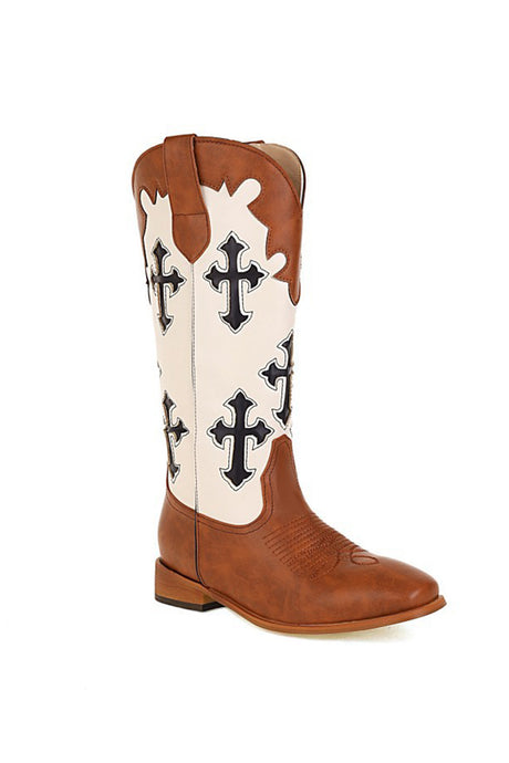Cross Pattern Square Toe Knee High Boots