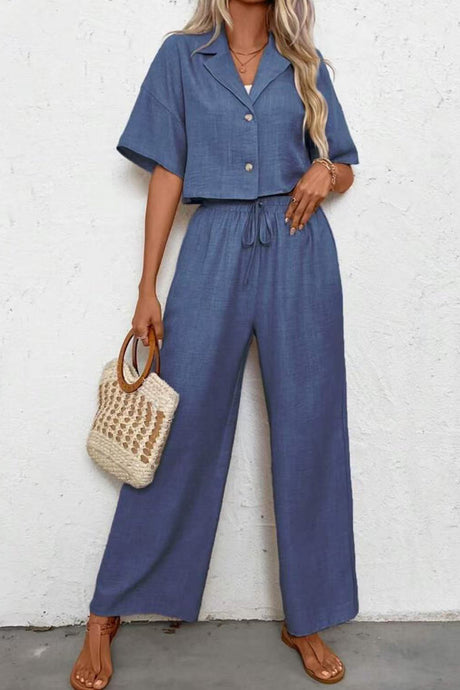 Button-down Crop Shirt Long Pants Set