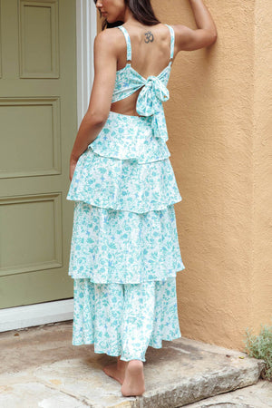 Arolora Floral Print Tie-up Tiered Midi Dress