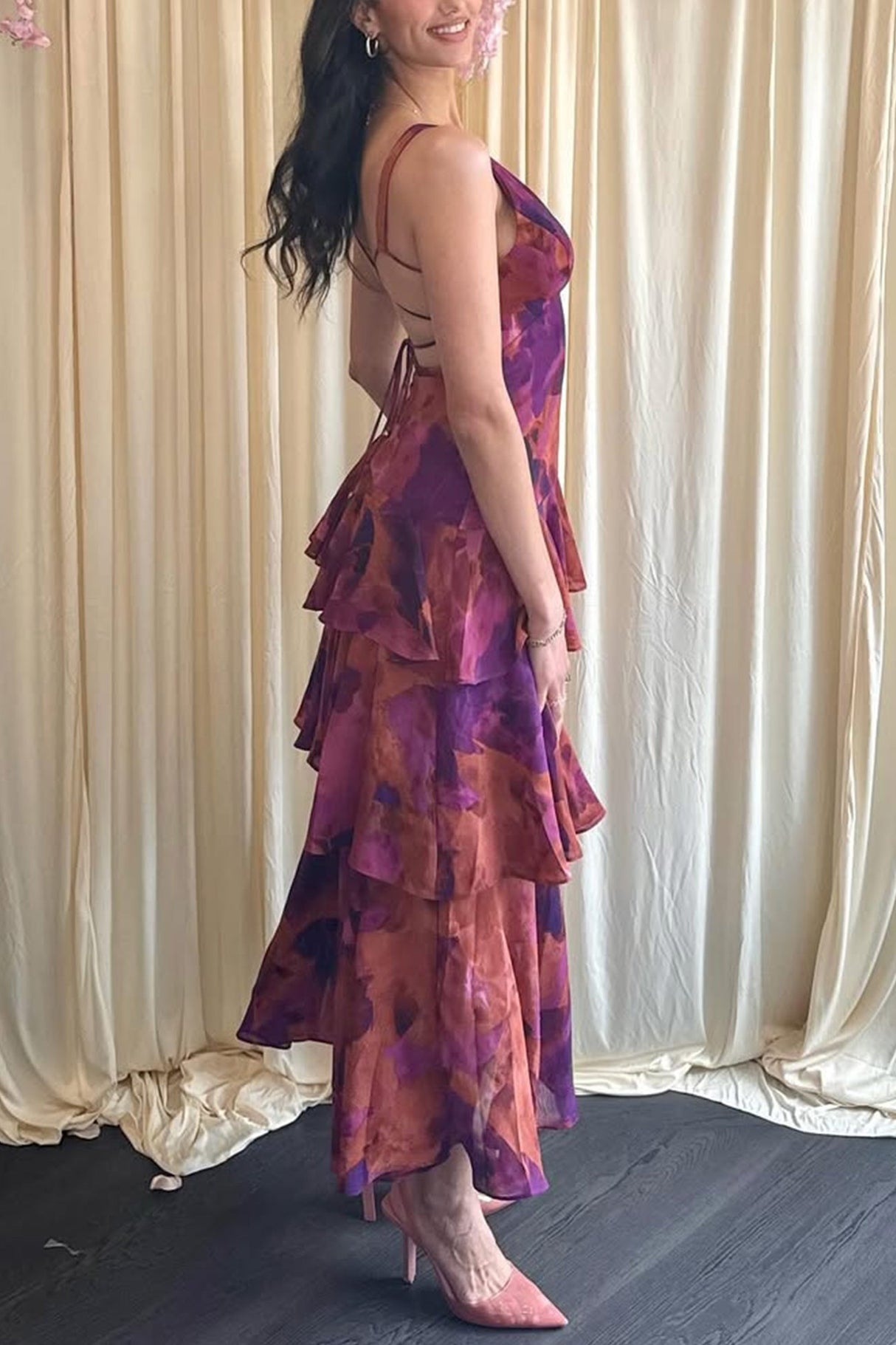 Arolora Floral Print Tie-up Back Chiffon Tiered Dress