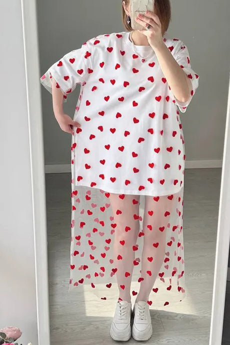 Arolora Heart Print Mesh Patchwork T-shirt Dress