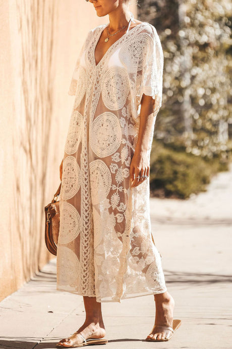 Arolora V-Neck Lace Embroidery Cover-up Dress