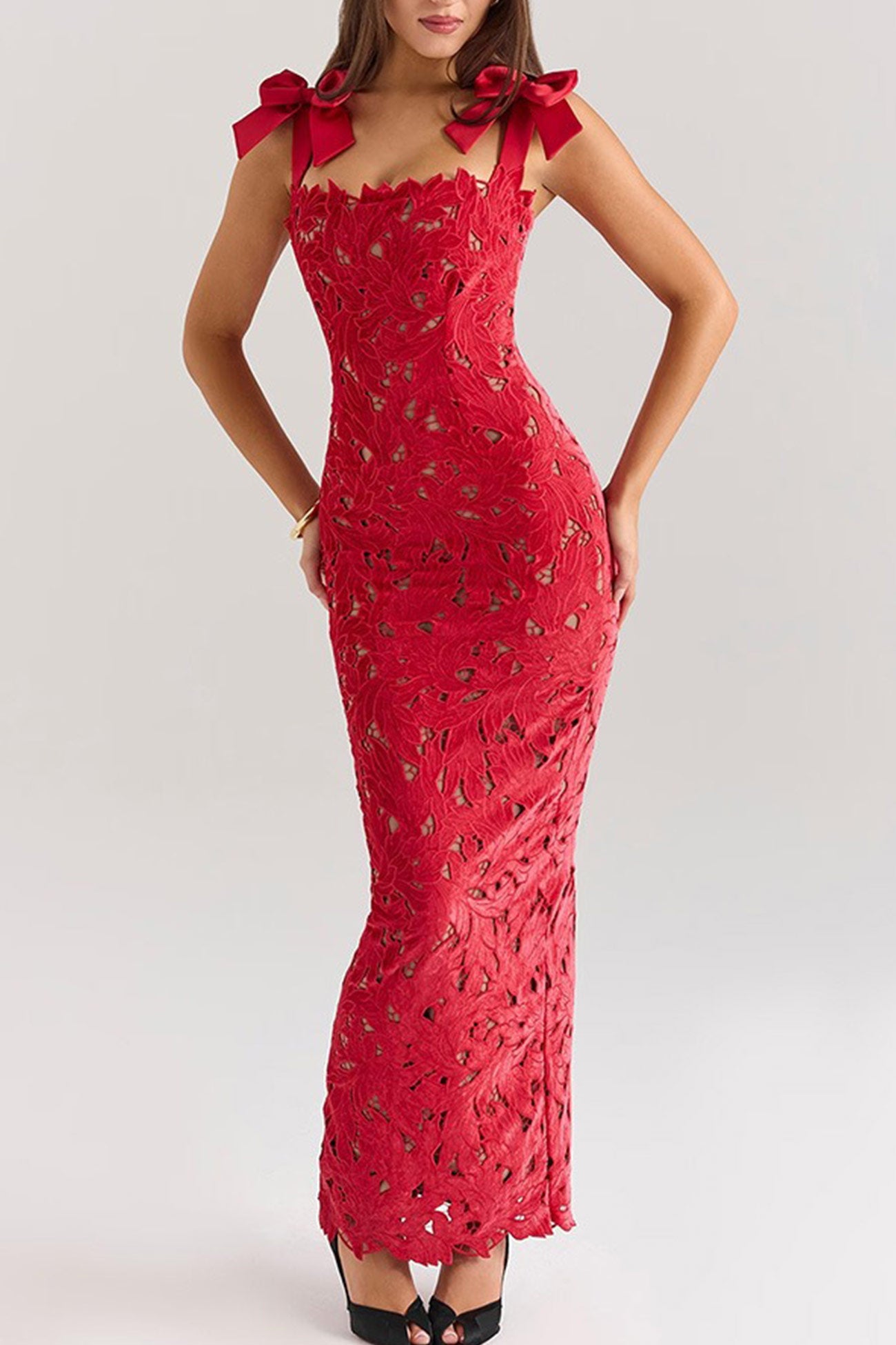 Arolora Bow Straps Hollow Out Maxi Dress