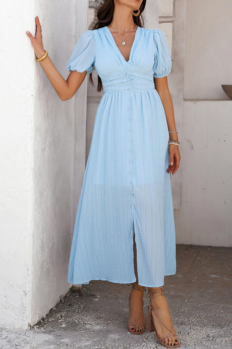 Arolora Puff Sleeve Single Breasted Slit Dress