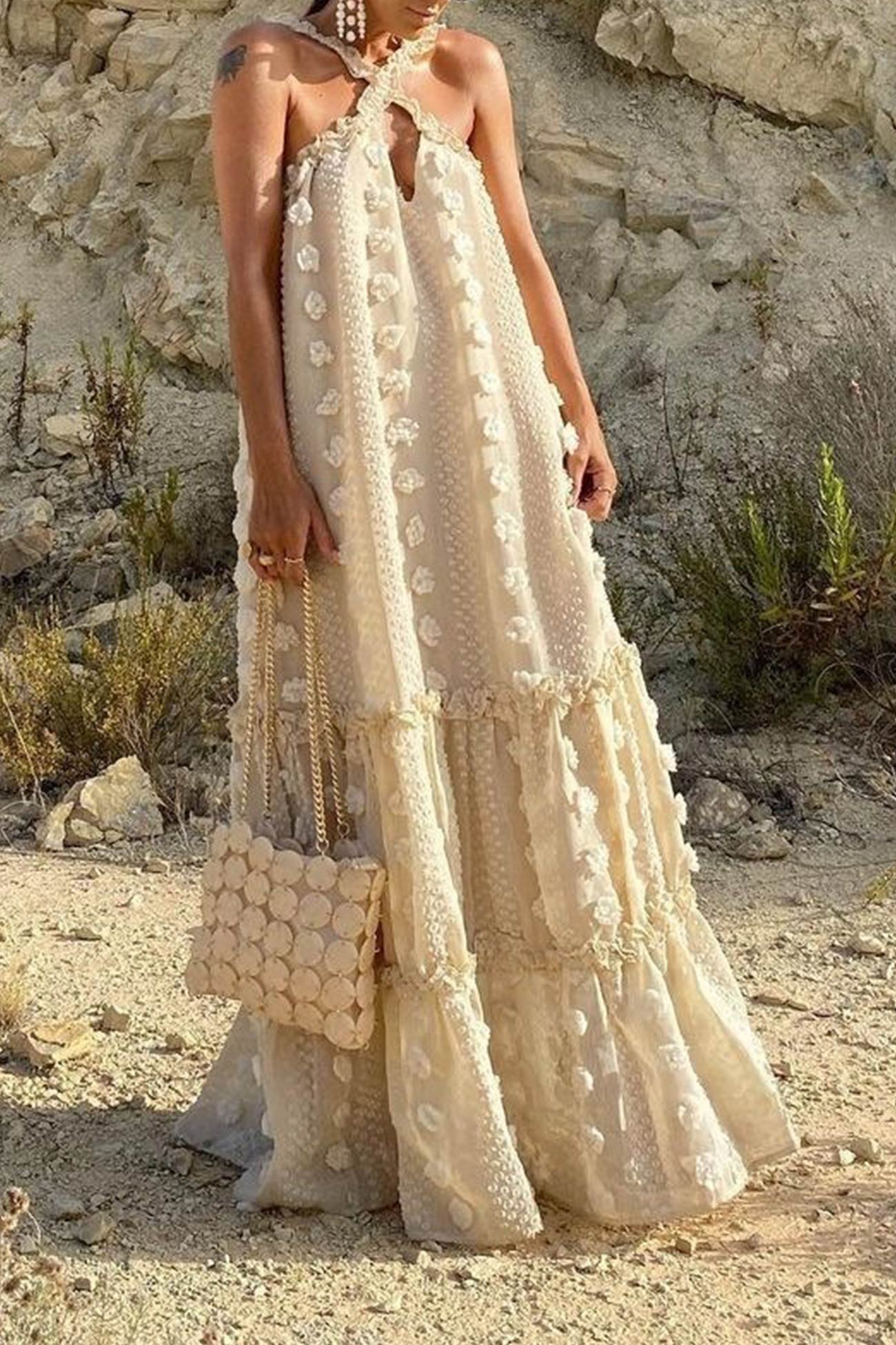 Arolora 3D Floral Criss-cross Halterneck Maxi Dress