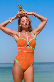 Arolora Vintage Textured Hollow-Out One-Piece Swimsuit
