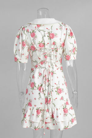 Arolora V-Neck Puff Sleeve A-line Ruffle Mini Dress