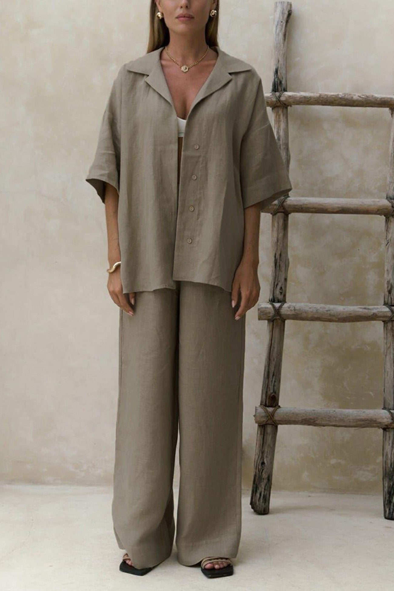 Arolora Solid Color Cotton Half Sleeve Blouse Pants Set