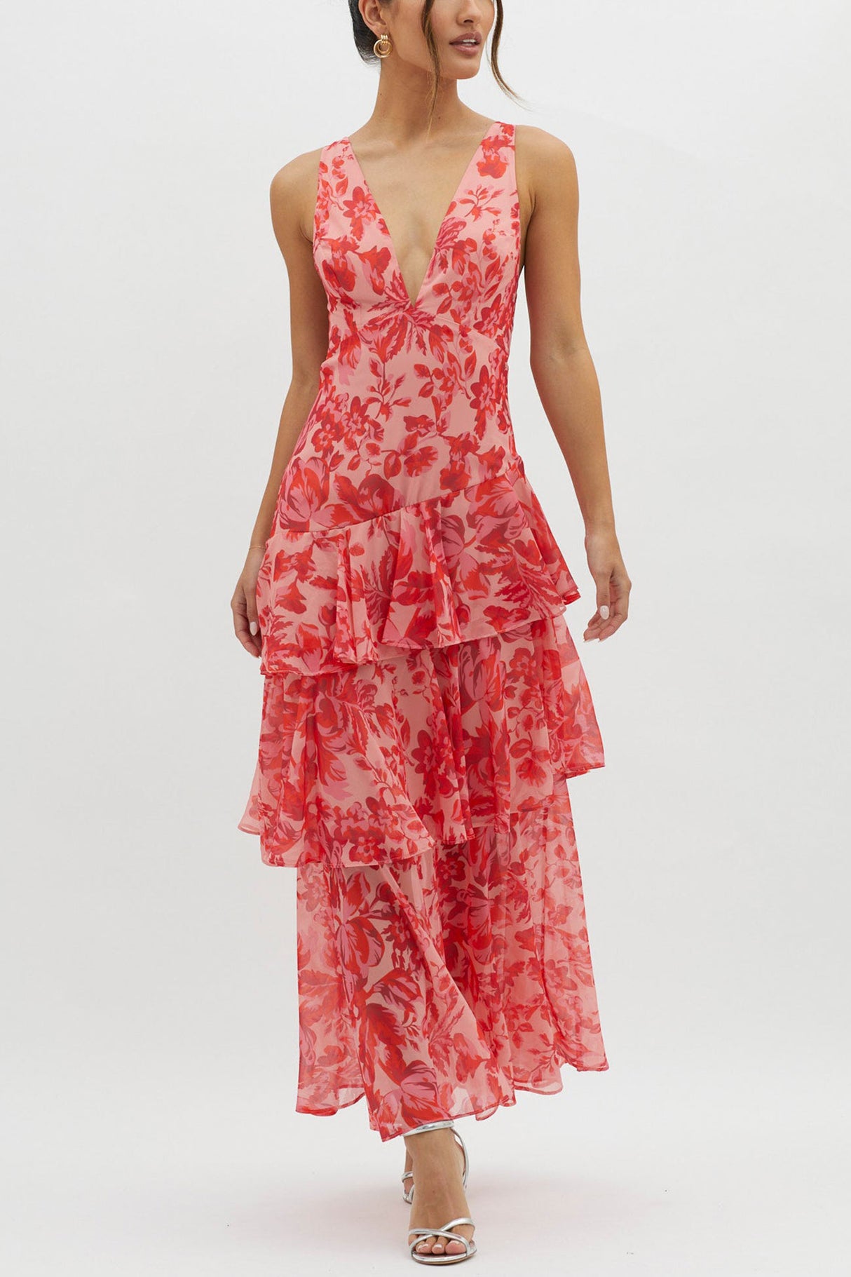 Arolora Floral Print Tie-up Back Chiffon Tiered Dress