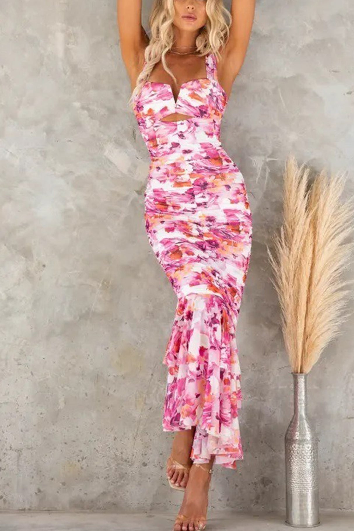 Arolora Floral Print Ruched Fishtail Dress