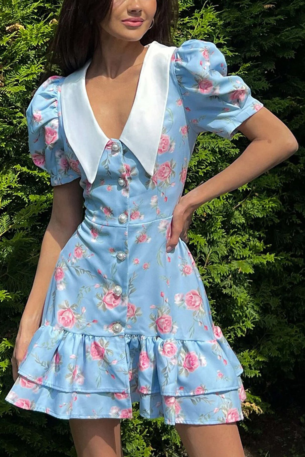 Arolora V-Neck Puff Sleeve A-line Ruffle Mini Dress