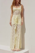 Halterneck Lace Patchwork Ruched Dress