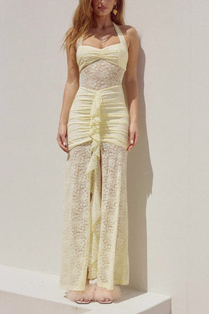 Halterneck Lace Patchwork Ruched Dress