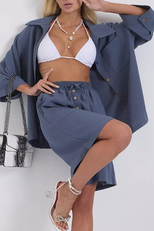 Solid Color Shirt Single-breasted Bermuda Shorts Set