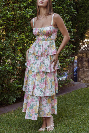 Arolora Floral Print Tie-up Tiered Midi Dress