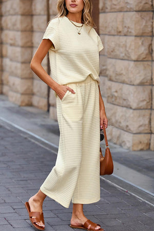 Solid Color Lattice Texture T-shirt Pants Set